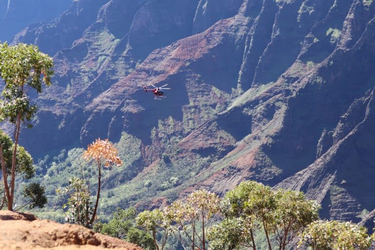 Helicopter flying over the Waimea Canyon in Kauai's lush scenery